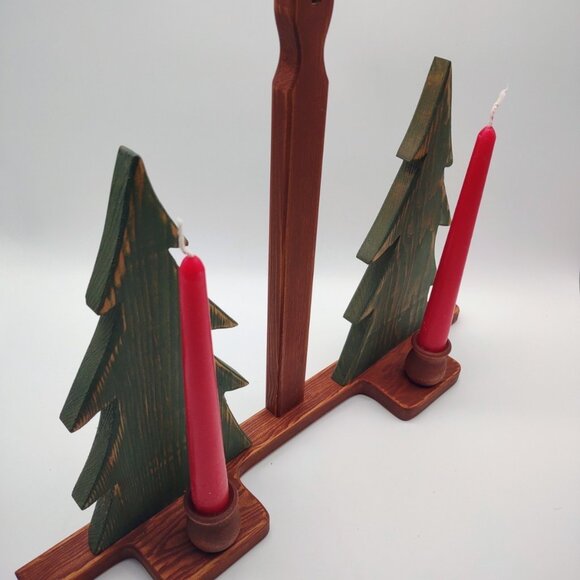 Vintage Primitive Rustic Painted Wood Fir Tree Candlestick Decor, Wall or Table - Picture 6 of 17